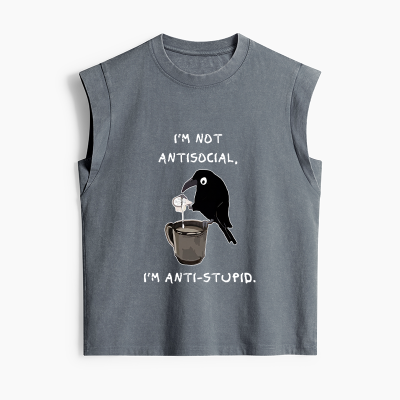 Tokyo-Tiger Cool Crow Sips Calm Coffee Alone Women's Washed Tank Tops