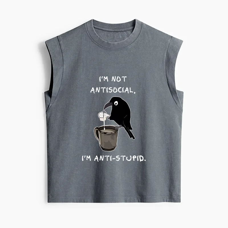 Tokyo-Tiger Cool Crow Sips Calm Coffee Alone Women's Washed Tank Tops