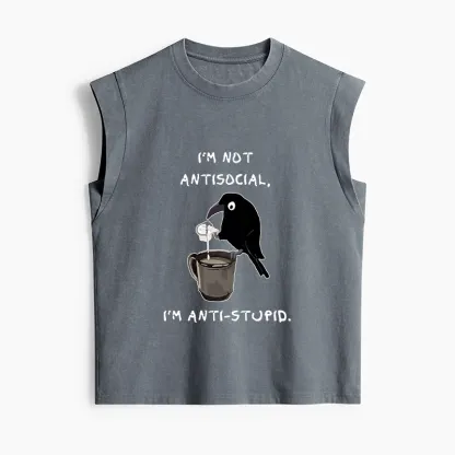 Tokyo-Tiger Cool Crow Sips Calm Coffee Alone Women's Washed Tank Tops