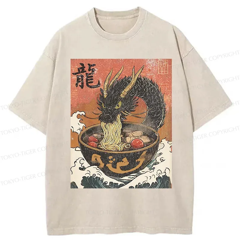 Tokyo-Tiger Dragon Eating Delicious Ramen Washed T-Shirt