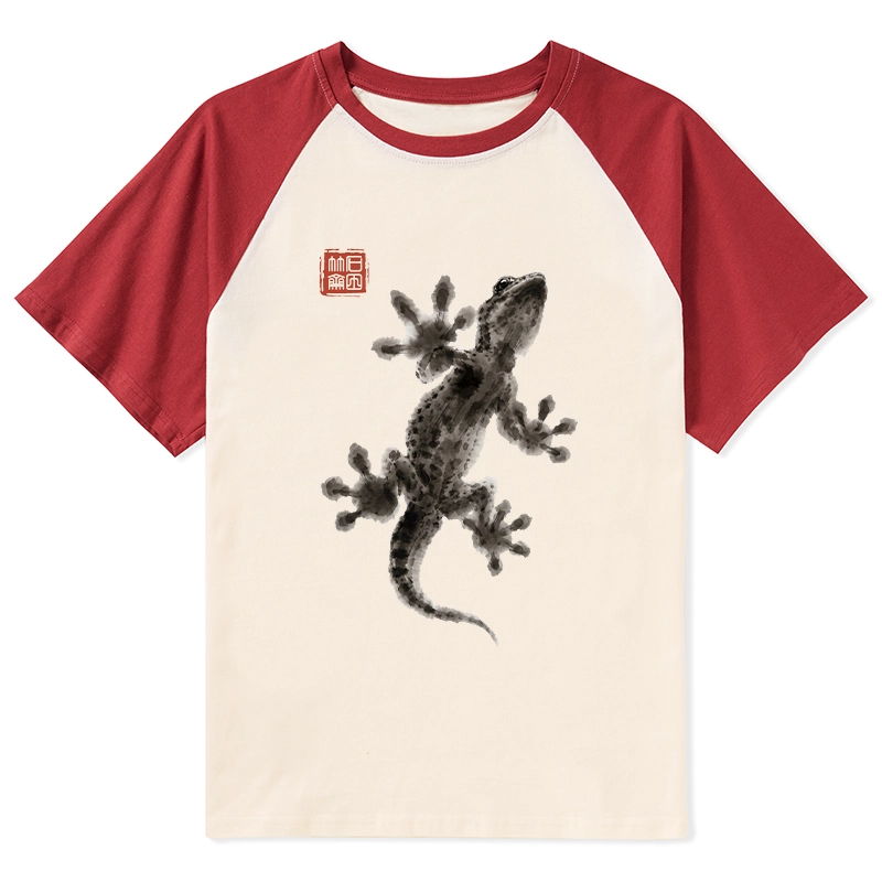 Tokyo-Tiger Minimal Asian Ink Brush Gecko Vibe Raglan T-shirt