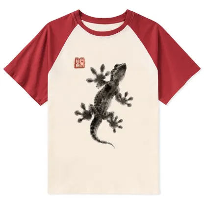 Tokyo-Tiger Minimal Asian Ink Brush Gecko Vibe Raglan T-shirt