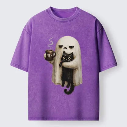 Tokyo-Tiger Ghost Cat Coffee Mood Washed T-Shirt