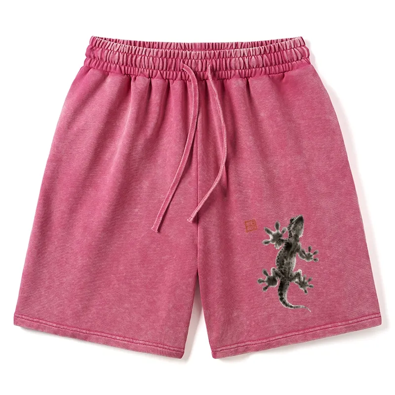 Tokyo-Tiger Minimal Asian Ink Brush Gecko Vibe Washed Shorts