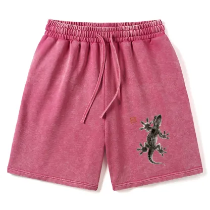 Tokyo-Tiger Minimal Asian Ink Brush Gecko Vibe Washed Shorts