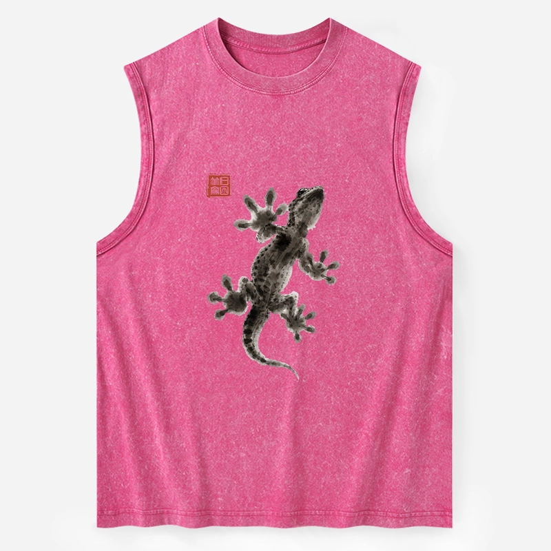 Tokyo-Tiger Minimal Asian Ink Brush Gecko Vibe Washed Tank