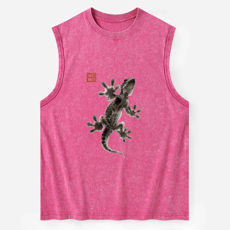 Tokyo-Tiger Minimal Asian Ink Brush Gecko Vibe Washed Tank