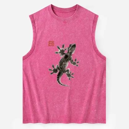 Tokyo-Tiger Minimal Asian Ink Brush Gecko Vibe Washed Tank