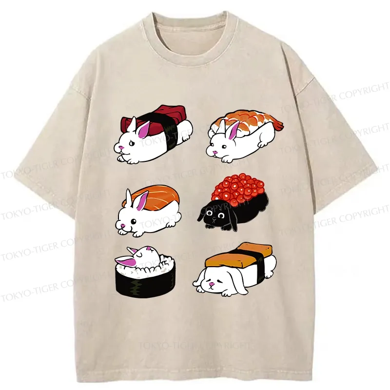 Tokyo-Tiger Cute Rabbit Sushi Washed T-Shirt