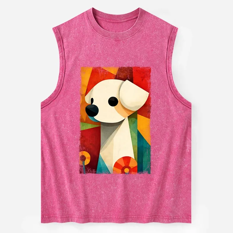 Tokyo-Tiger Retro Abstract Color Block Puppy Art Washed Tank