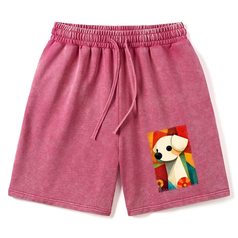 Tokyo-Tiger Retro Abstract Color Block Puppy Art Washed Shorts