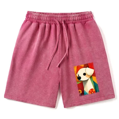 Tokyo-Tiger Retro Abstract Color Block Puppy Art Washed Shorts