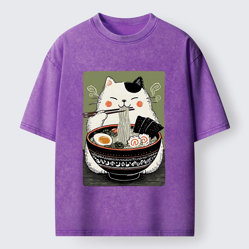 Tokyo-Tiger Cat Eating Ramen Meme Washed T-Shirt