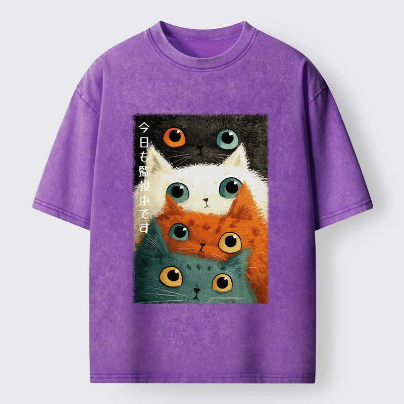 Tokyo-Tiger Watching Stacked Cats Washed T-Shirt