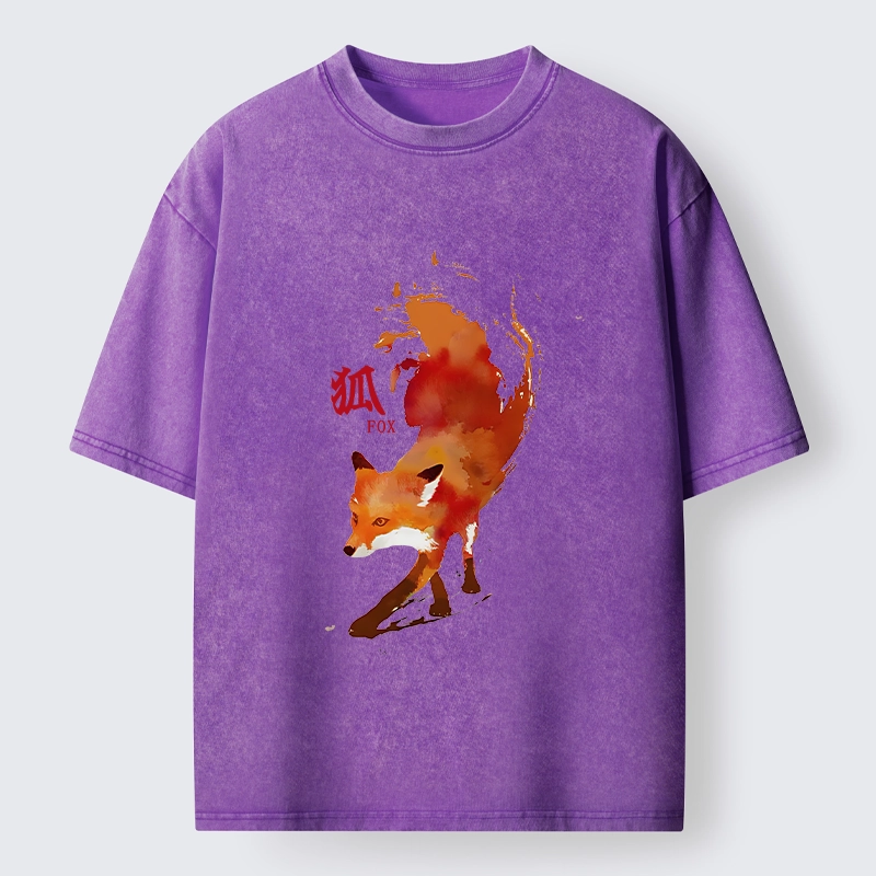 Tokyo-Tiger Watercolor Red Fox Art Washed T-Shirt
