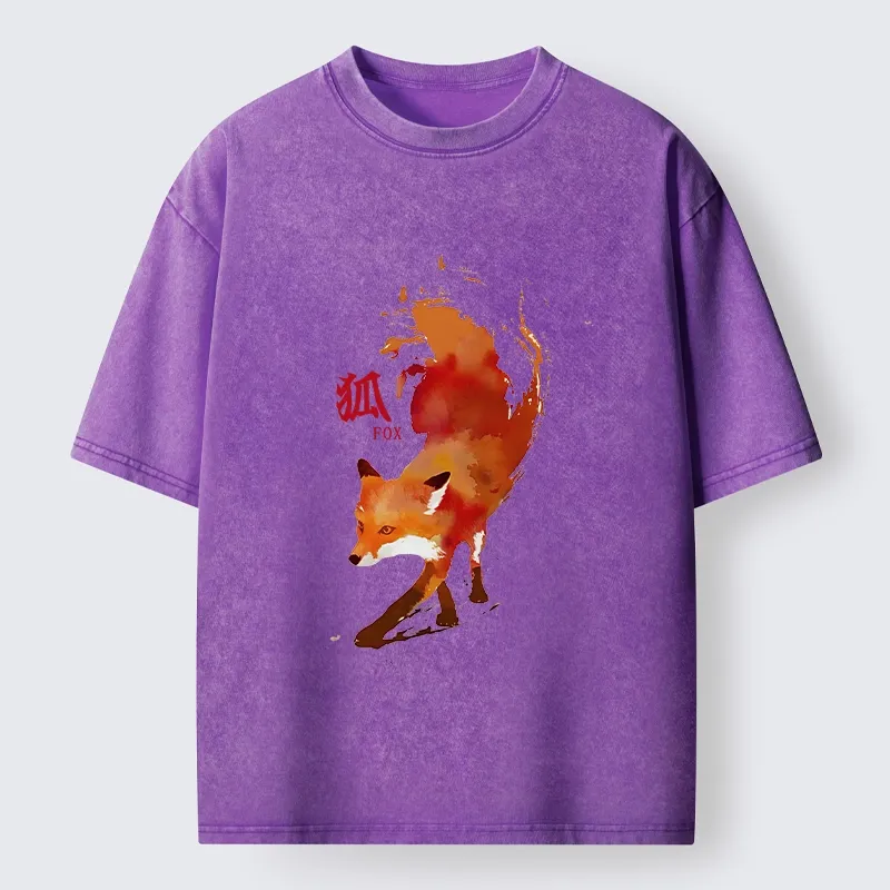 Tokyo-Tiger Watercolor Red Fox Art Washed T-Shirt