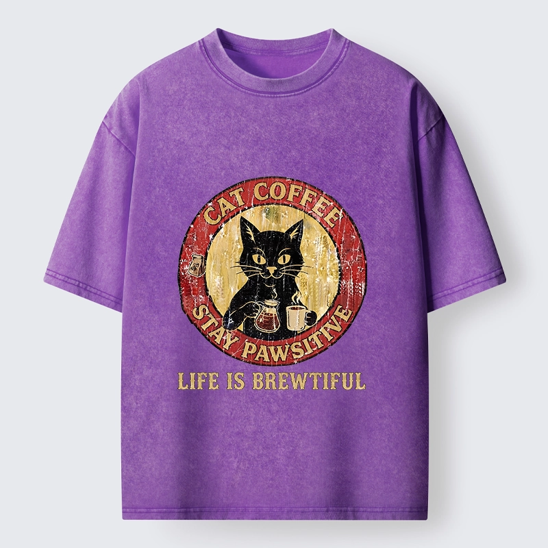 Tokyo-Tiger Cat Coffee Positive Vibes Washed T-Shirt