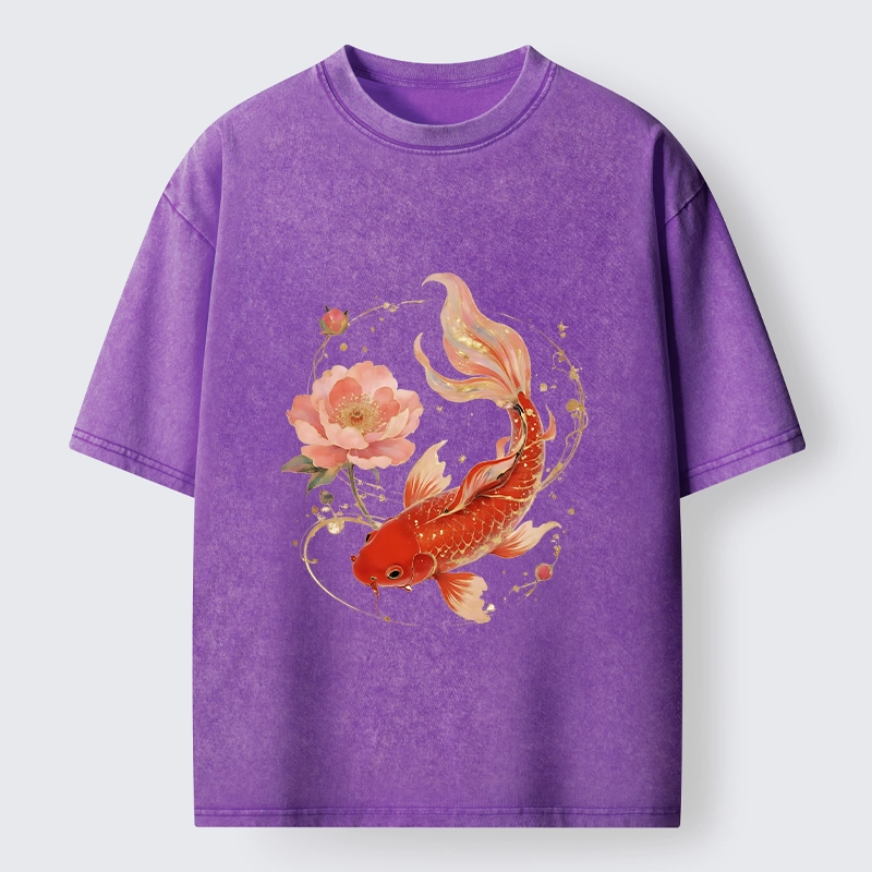 Tokyo-Tiger Lucky Koi Peony Art Washed T-Shirt