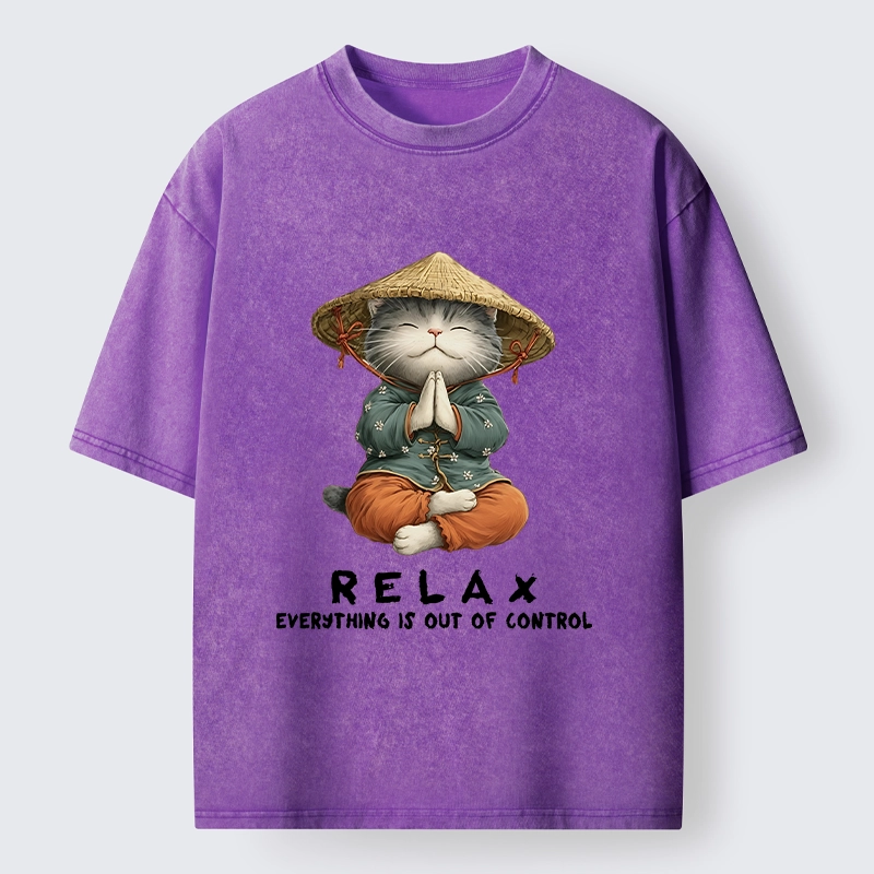 Tokyo-Tiger Zen Relax Cat Graphic Washed T-Shirt