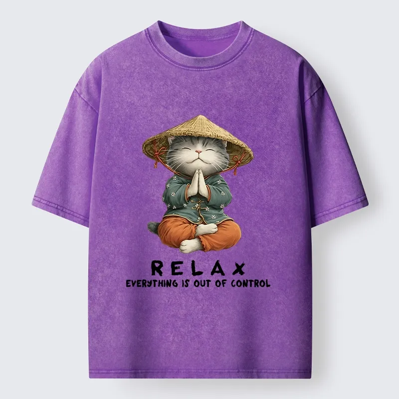 Tokyo-Tiger Zen Relax Cat Graphic Washed T-Shirt