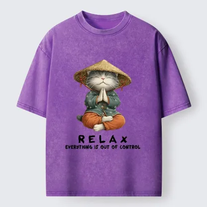 Tokyo-Tiger Zen Relax Cat Graphic Washed T-Shirt