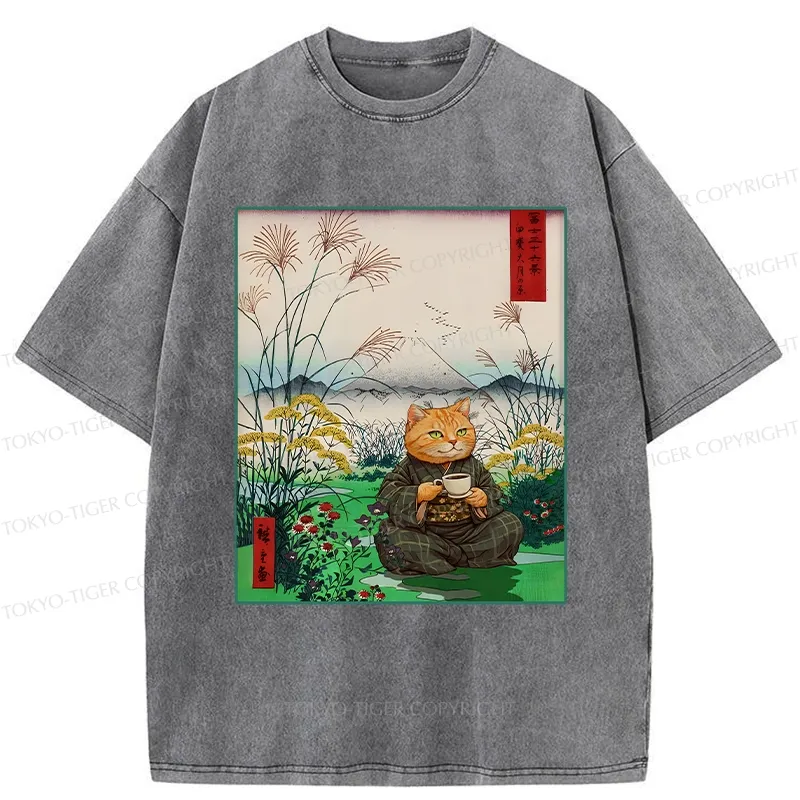 Tokyo-Tiger Cozy Cat Drinking Coffee Washed T-Shirt