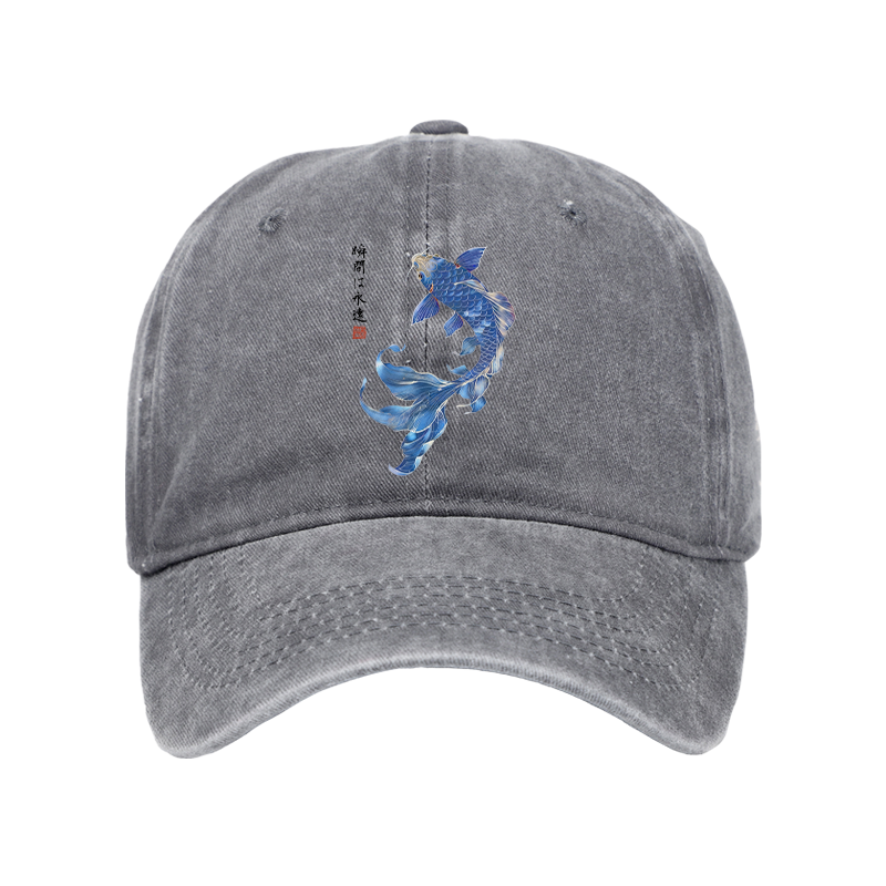 Tokyo-Tiger Lucky Blue Koi Fish Art Washed Cap
