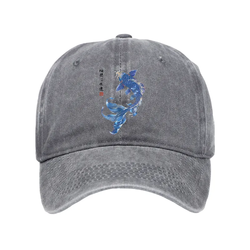 Tokyo-Tiger Lucky Blue Koi Fish Art Washed Cap