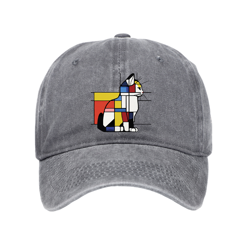 Tokyo-Tiger Geometric Cat Art In Primary Colors Washed Cap