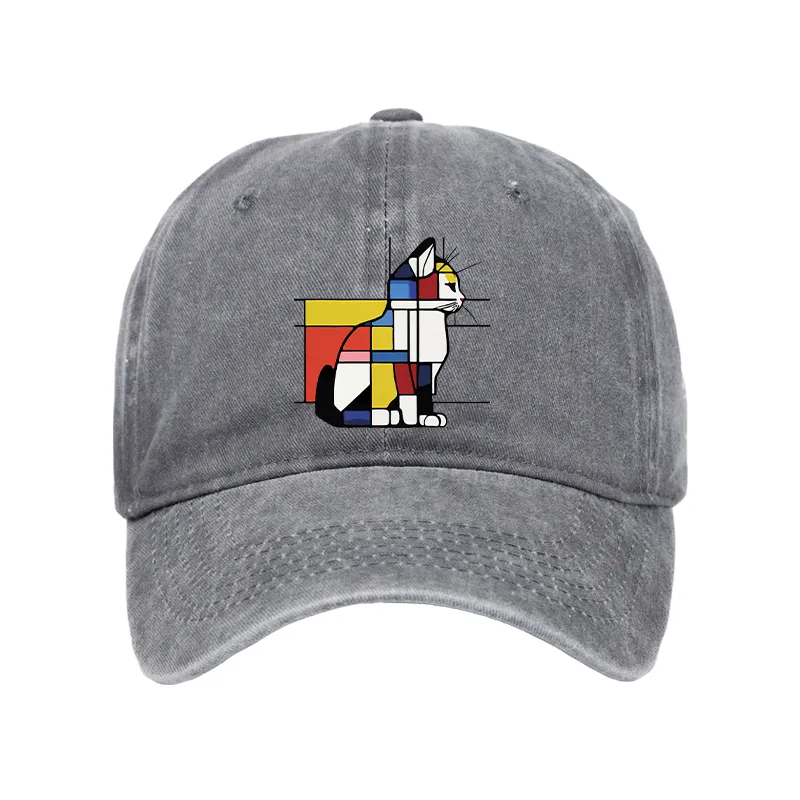 Tokyo-Tiger Geometric Cat Art In Primary Colors Washed Cap
