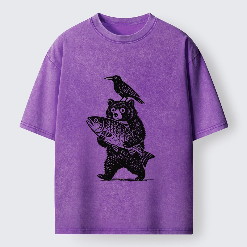 Tokyo-Tiger Bear Fish Crow Print Washed T-Shirt