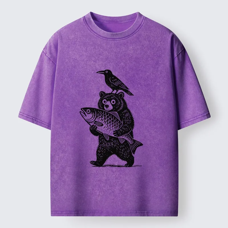Tokyo-Tiger Bear Fish Crow Print Washed T-Shirt