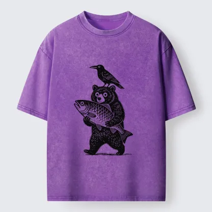 Tokyo-Tiger Bear Fish Crow Print Washed T-Shirt