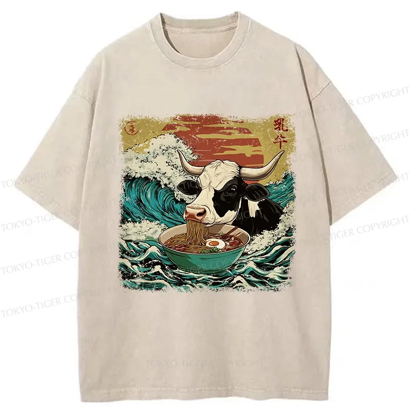 Tokyo-Tiger Ramen Lover Cow Washed T-Shirt