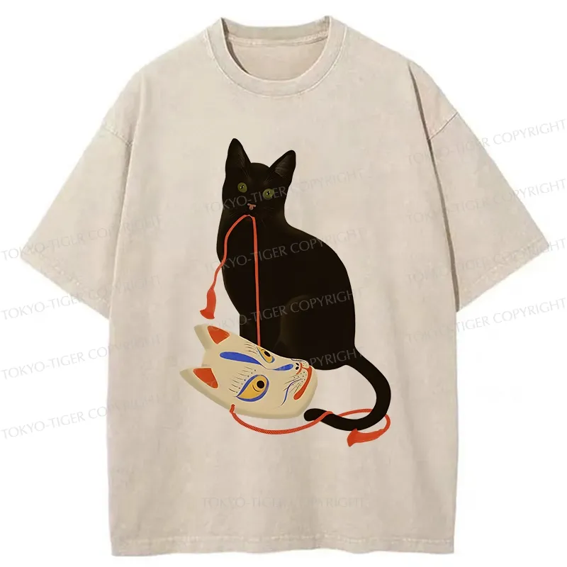 Tokyo-Tiger Cat Holding A Fox Mask Washed T-Shirt Sale