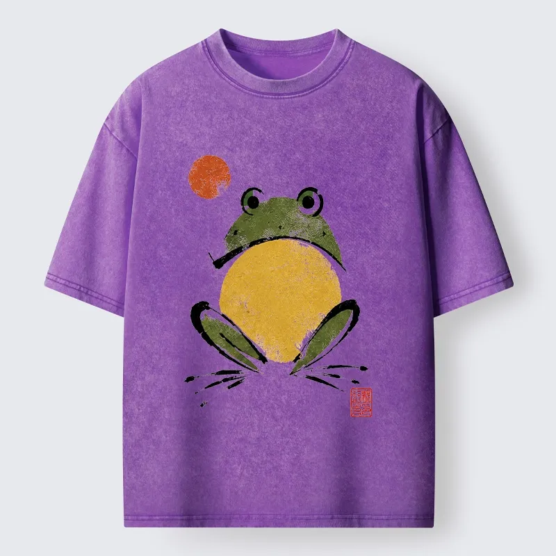 Tokyo-Tiger Ink Style Frog Art Washed T-Shirt