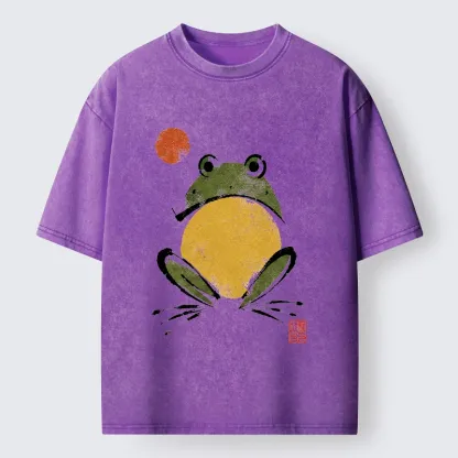 Tokyo-Tiger Ink Style Frog Art Washed T-Shirt