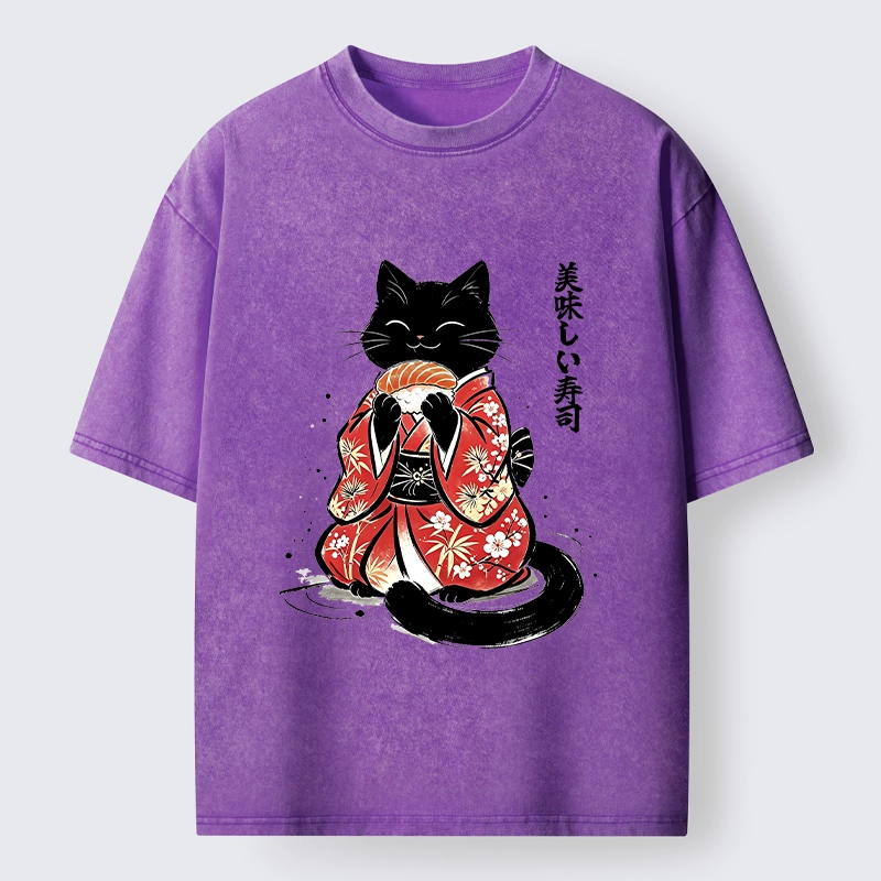 Tokyo-Tiger Sushi Loving Black Cat Washed T-Shirt