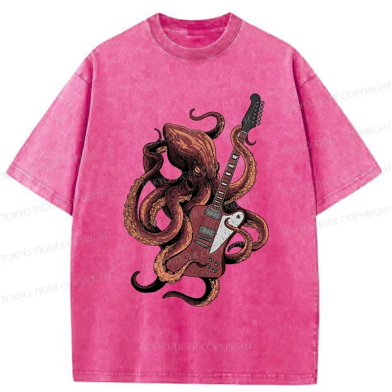 Tokyo-Tiger Octopus Playing Guitar Washed T-Shirt