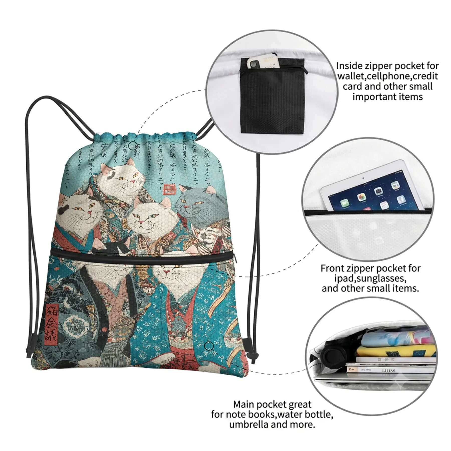 Tokyo-Tiger Formal Gathering of Ukiyo-e Cat Nobles Drawstring Backpack