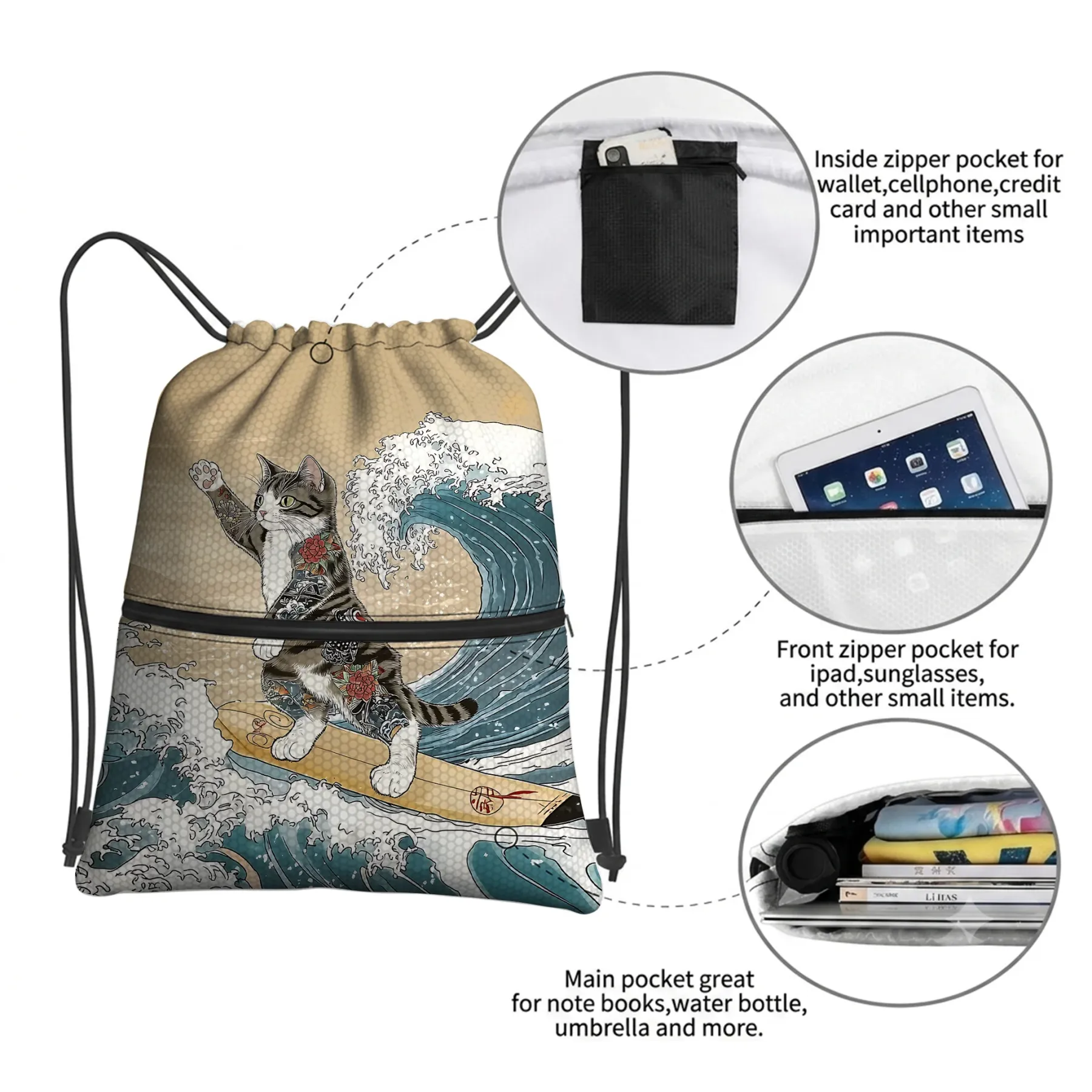 Tokyo-Tiger Cat Surfing Drawstring Backpack