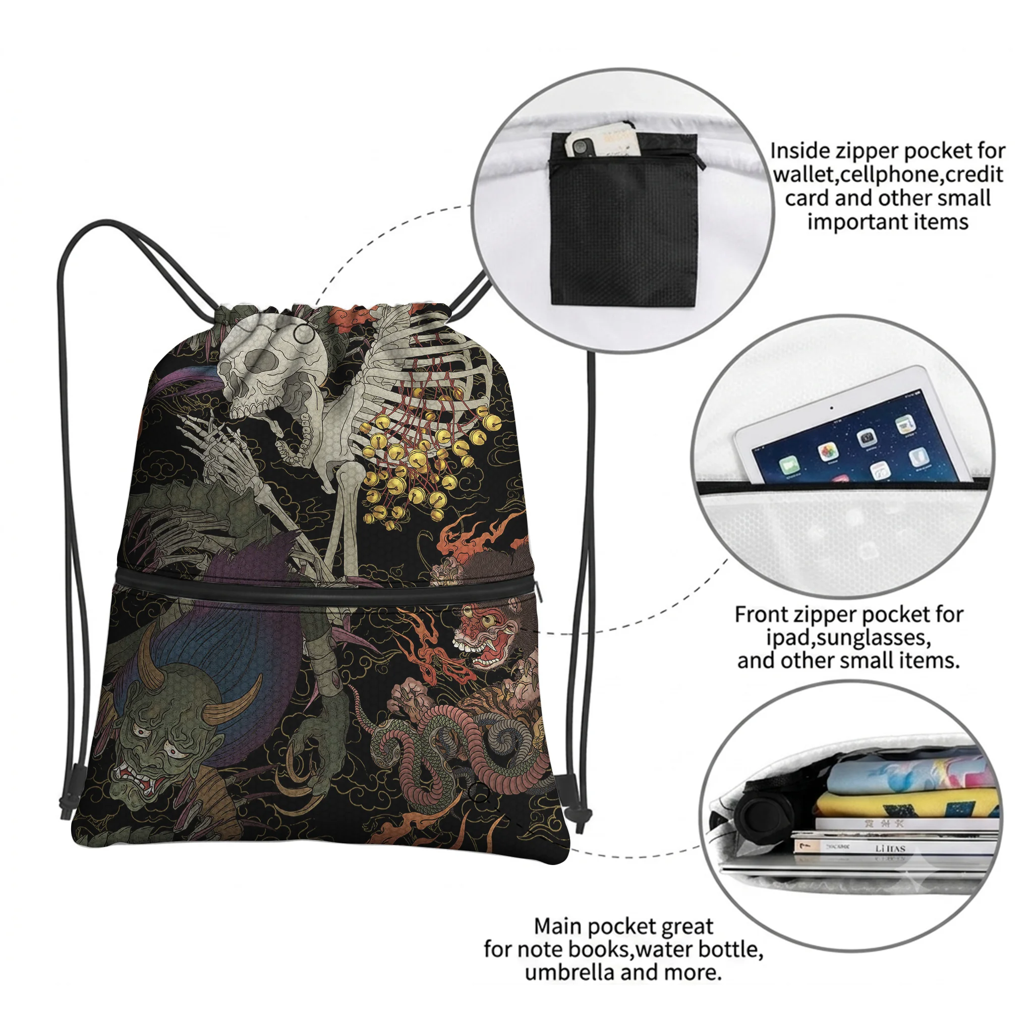 Tokyo-Tiger Japanese Yokai And Skeletons Drawstring Backpack