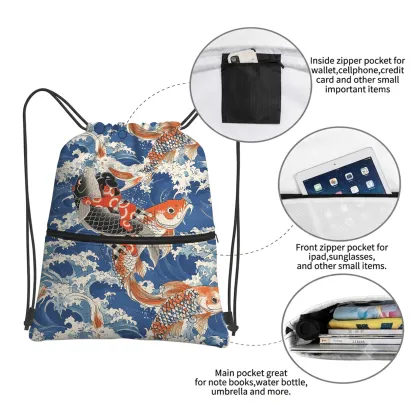 Tokyo-Tiger Sumo Wrestler Holding A Koi Drawstring Backpack