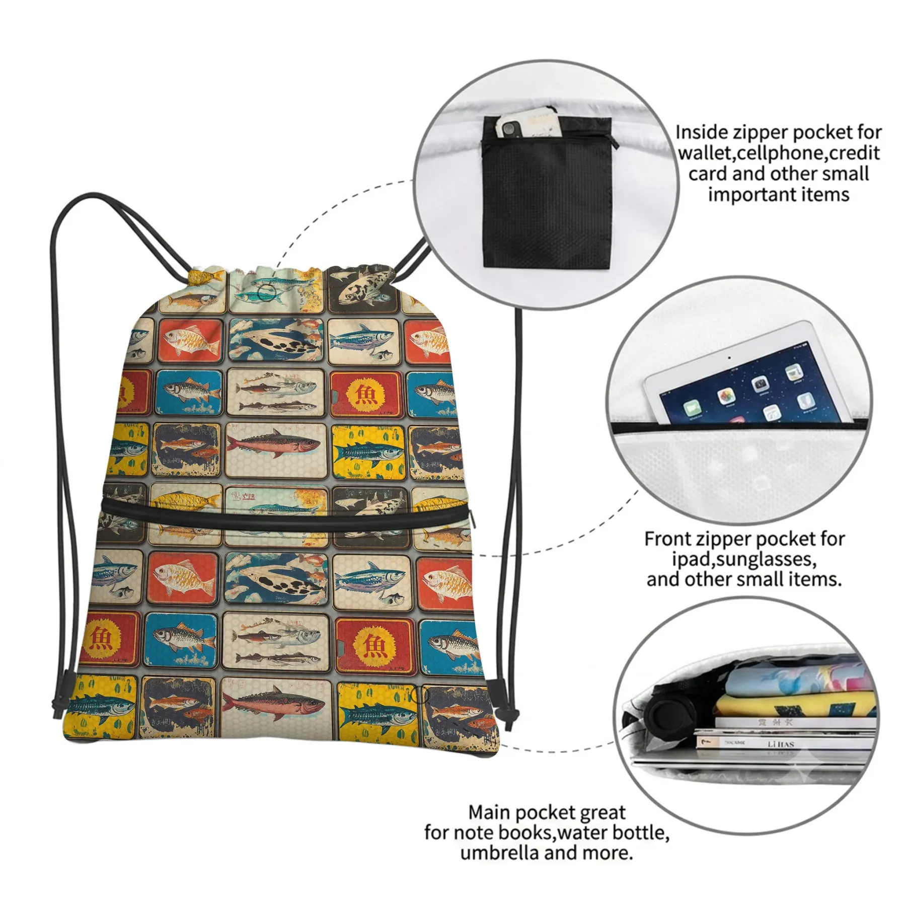 Tokyo-Tiger Vintage Fish Collection Drawstring Backpack