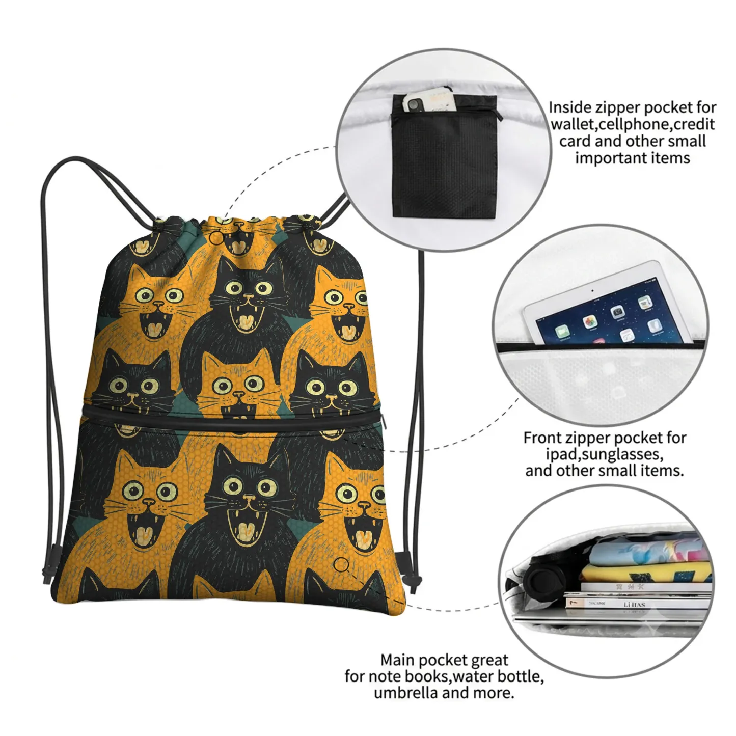 Tokyo-Tiger Yellow Cat And Black Cat Drawstring Backpack