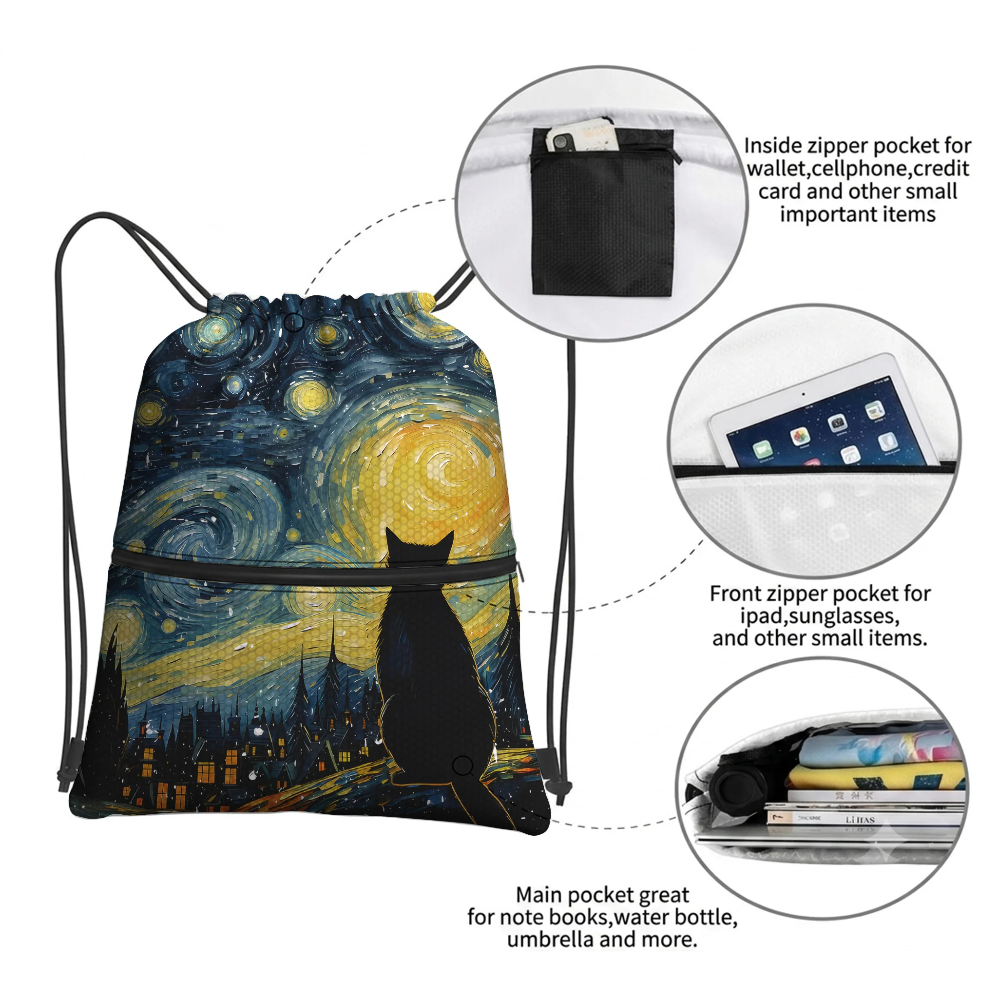 Tokyo-Tiger Black Cat Under The Stars Drawstring Backpack