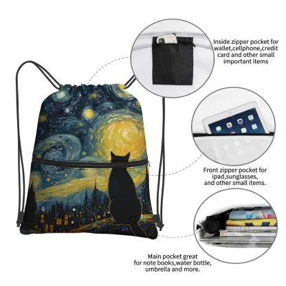 Tokyo-Tiger Black Cat Under The Stars Drawstring Backpack