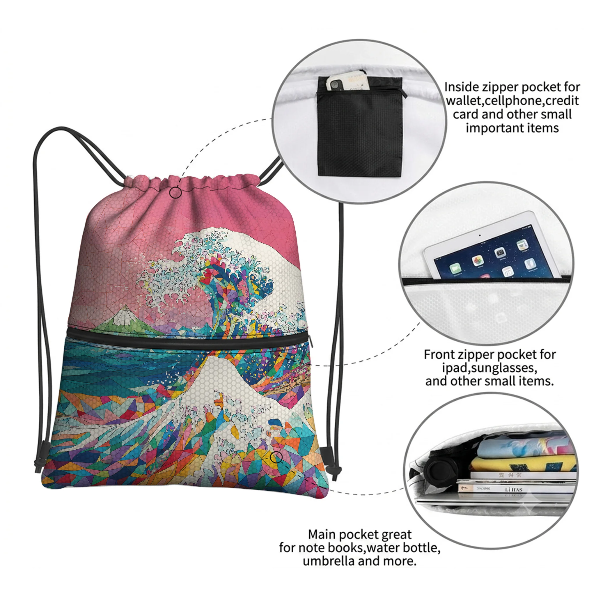 Tokyo-Tiger Colorful Prismatic Wave Drawstring Backpack