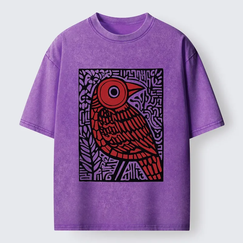 Tokyo-Tiger Retro Woodblock Bird Washed T-Shirt