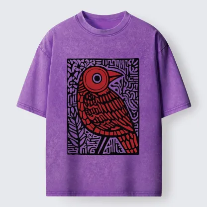 Tokyo-Tiger Retro Woodblock Bird Washed T-Shirt